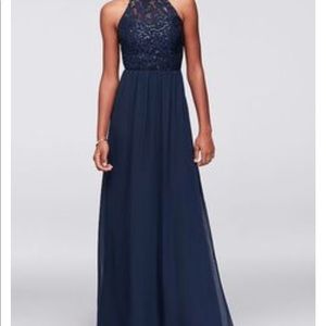 Navy Blue Chiffon High-Neck Gown